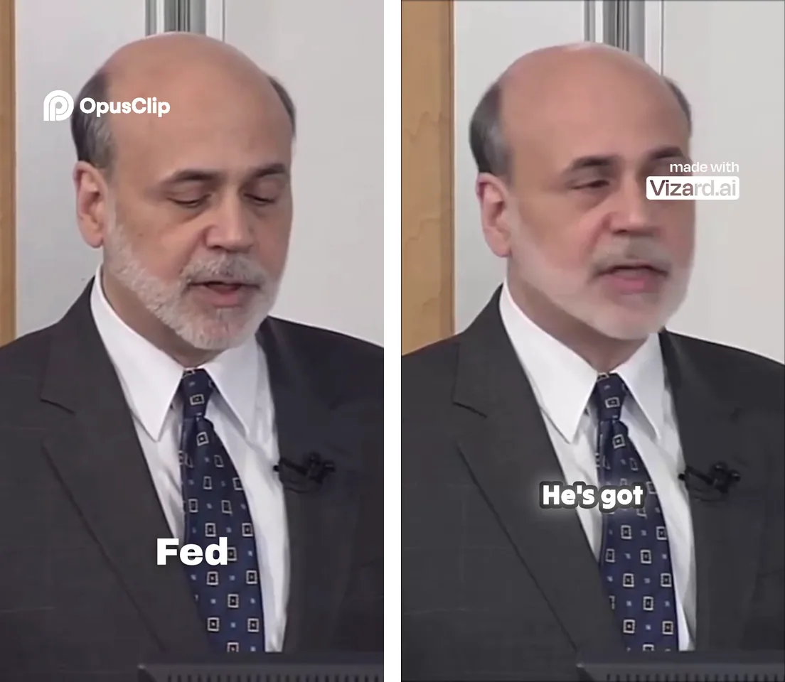 Two vertical 9:16 export frames of the same lecturer side by side: Opus Clip with an OpusClip logo top-left and the caption ‘Fed’, and Vizard with a ‘made with Vizard.ai’ badge and the caption ‘He’s got’
