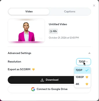 HeyGen download dialog for our 42-second video: resolution menu with 720P selected and 1080P and 4K marked with a paid-plan icon; Export as SCORM also marked paid
