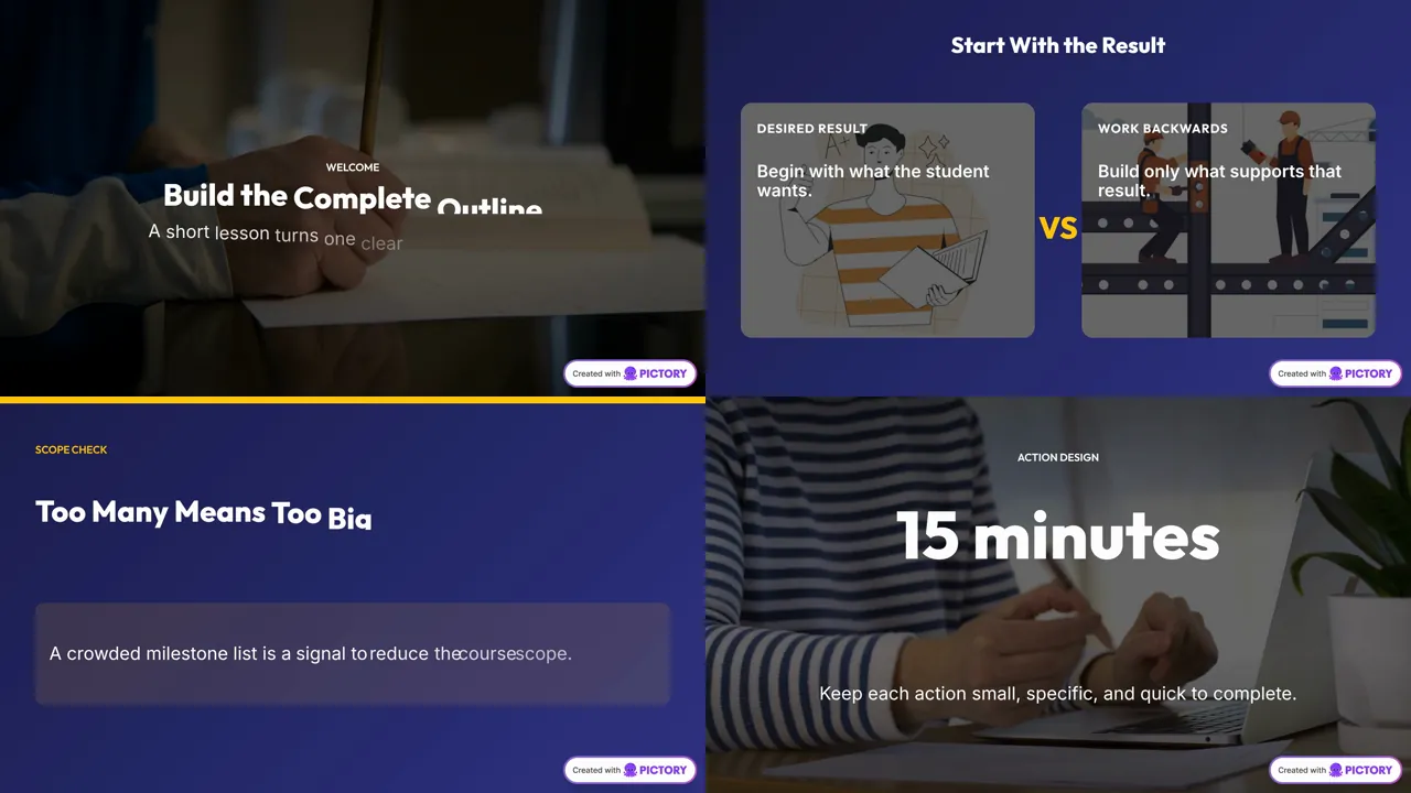 Four frames from a Pictory script-to-video export in 16:9: stock photo and illustration scenes with headings such as ‘Build the Complete Outline’ and ‘Too Many Means Too Big’, partly clipped text, and a ‘Created with PICTORY’ badge